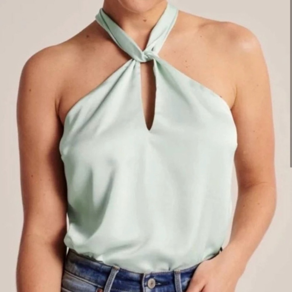 ABERCROMBIE & FITCH MINT SATIN HALTER TOP BODYSUIT SIZE M